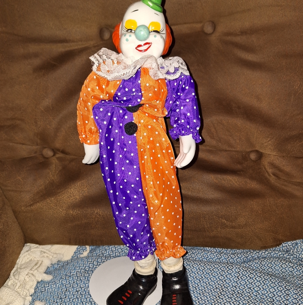 Vintage Colorful Clown Doll with Polka Dots 1990s Comes With Stand